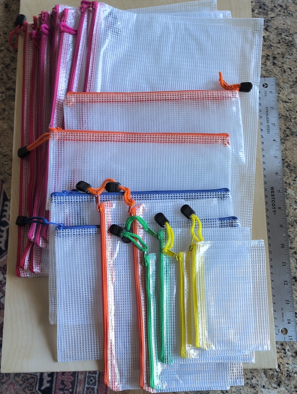 Clear Mesh Zipper Pouch Set 21 Piece wth Pink, Orange, Blue, Green, Yellow